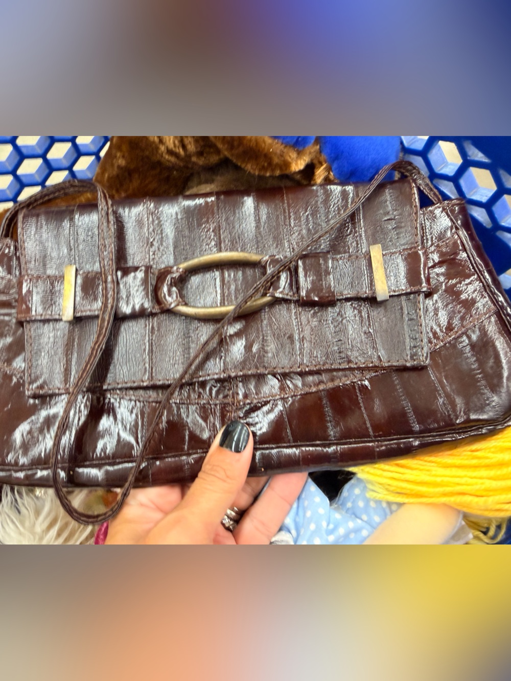 r&y augousti vintage bag Brown Croc-Textured Shoulder Bag with Gold Accent